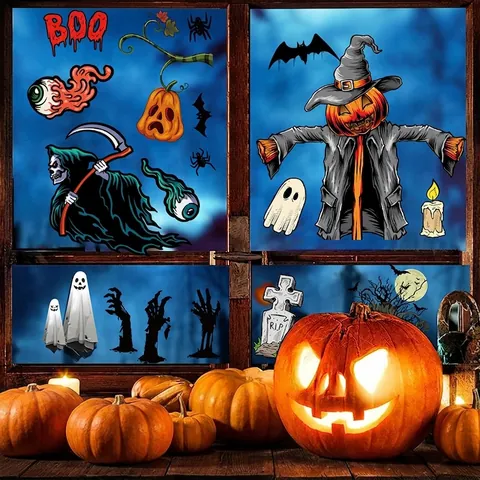 Calcomanías Estáticas de Ventana para Halloween Doble Cara Calabaza Fantasma Murciélago Esqueleto Decoración para Fiesta Ventana Hogar