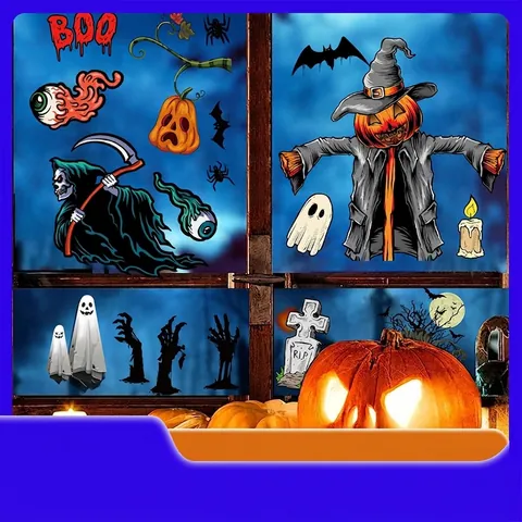 Halloween Window Clings Static Cling Stickers Double Sided Pumpkin Ghost Bat Skeleton Decor Decals For Party Window Home Decor
