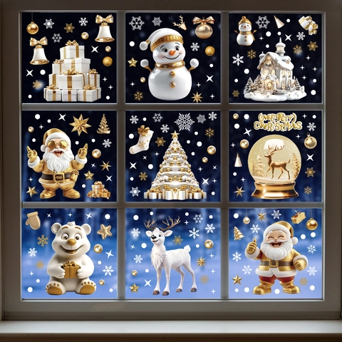Christmas Window Clings Double Sided Gold White Static Stickers Santa Snowman Reindeer Snowflake Glass Decals Holiday Decoration