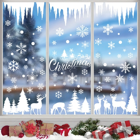 White Christmas Window Clings Snowflake Reindeer Static Stickers Double Sided Xmas Tree Icicle Decals For Glass