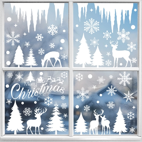 White Christmas Window Clings Snowflake Reindeer Static Stickers Double Sided Xmas Tree Icicle Decals For Glass
