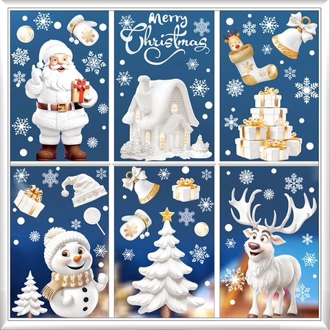 Christmas Window Clings PVC Static Film Double Sided Santa Snowman Reindeer Snowflake Glass Decal Home Holiday Decor