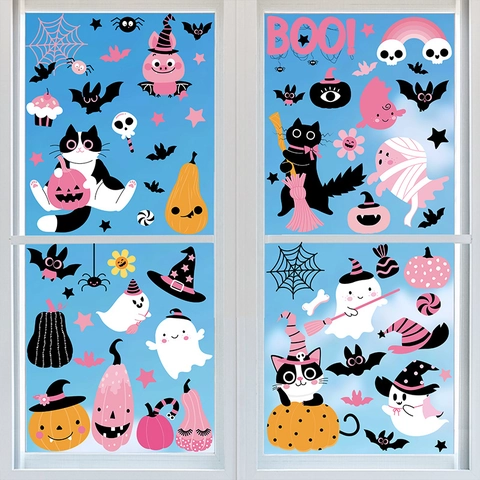Halloween Window Clings Static Cling Stickers Double Sided Pink Cartoon Pumpkin Ghost Cat Holiday Decoration Decals