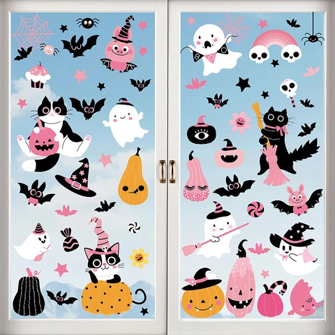 Halloween Window Clings Static Cling Stickers Double Sided Pink Cartoon Pumpkin Ghost Cat Holiday Decoration Decals