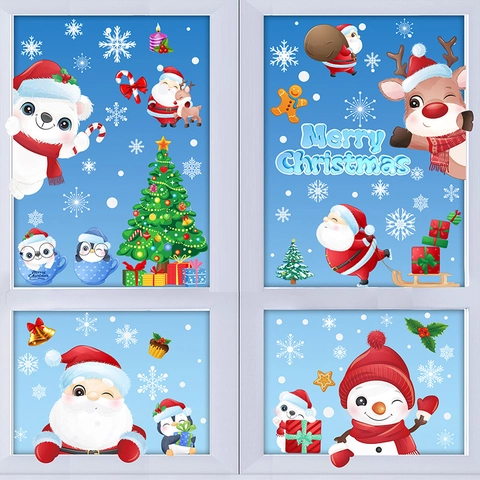 Pegatinas Navidad Ventana PVC Estáticas Papá Noel Reno Muñeco De Nieve Doble Cara Impermeable Decoración