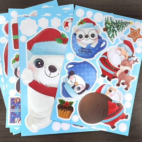 Pegatinas Navidad Ventana PVC Estáticas Papá Noel Reno Muñeco De Nieve Doble Cara Impermeable Decoración