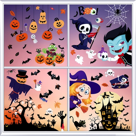 Halloween Statische Fensterbilder Doppelseitig Bedruckte PVC Aufkleber Geist Kürbis Hexe Fledermaus Schloss Für Fenster Glas Deko