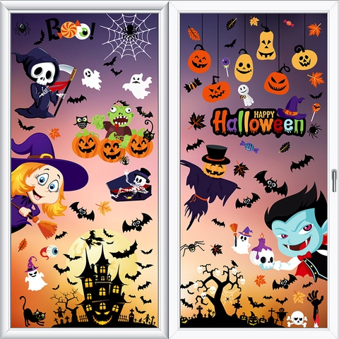 Halloween Statische Fensterbilder Doppelseitig Bedruckte PVC Aufkleber Geist Kürbis Hexe Fledermaus Schloss Für Fenster Glas Deko