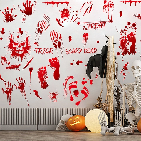 Halloween Horror Bloederige Handafdrukken Voetafdrukken Vensterstickers Rood PVC Schedel Bloedvlekken Stickers Voor Griezelig Feest Badkamer Huis