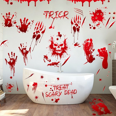 Halloween Horror Bloederige Handafdrukken Voetafdrukken Vensterstickers Rood PVC Schedel Bloedvlekken Stickers Voor Griezelig Feest Badkamer Huis