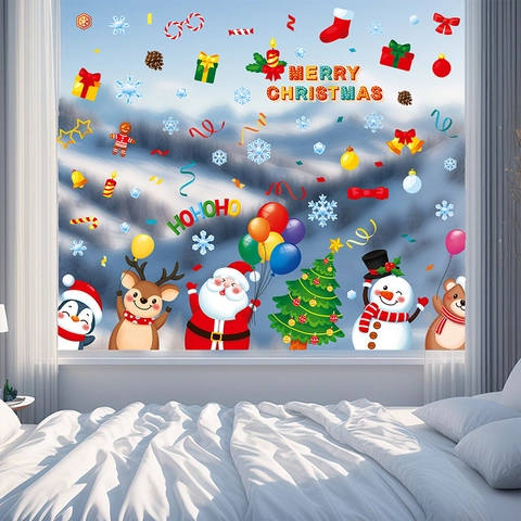 Christmas Static Window Clings PVC Cartoon Santa Reindeer Snowflakes For Holiday Glass Decoration Decorative