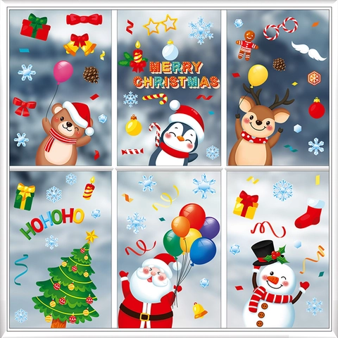 Christmas Static Window Clings PVC Cartoon Santa Reindeer Snowflakes For Holiday Glass Decoration Decorative