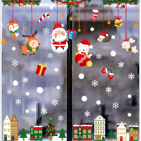 Juego de Pegatinas Navideñas para Ventanas 9 Hojas 77 Patrones Papá Noel Reno Copos de Nieve Pegatinas de PVC Estáticas