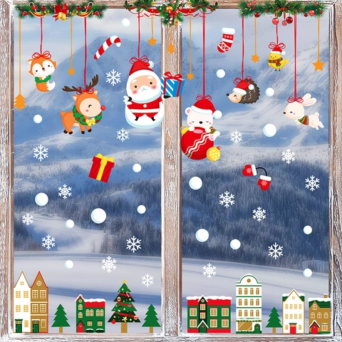 Juego de Pegatinas Navideñas para Ventanas 9 Hojas 77 Patrones Papá Noel Reno Copos de Nieve Pegatinas de PVC Estáticas