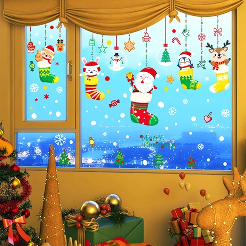 Pegatinas De Ventana Navidad Doble Cara Estáticas Calcomanías PVC Muñeco De Nieve Papá Noel Decoración Reutilizables