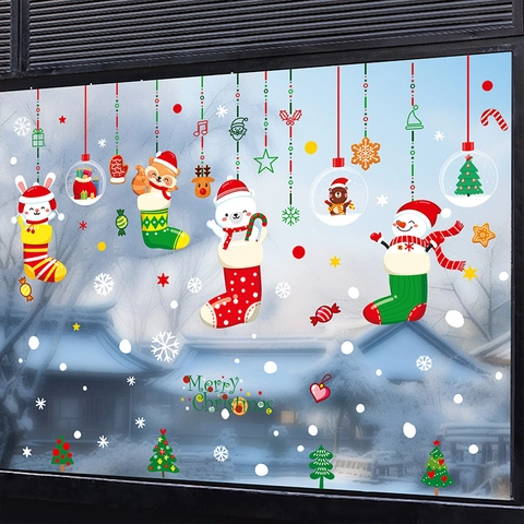 Pegatinas De Ventana Navidad Doble Cara Estáticas Calcomanías PVC Muñeco De Nieve Papá Noel Decoración Reutilizables