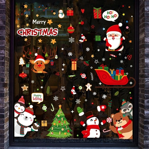 Santa Claus Snowman Reindeer Christmas Window Static Cling Stickers PVC Removable Holiday Festival Decoration For Glass Home
