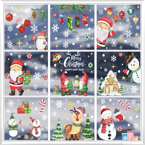 Christmas Window Clings Static PVC Stickers Double Sided Santa Reindeer Snowman Gnomes Holiday Decoration Waterproof