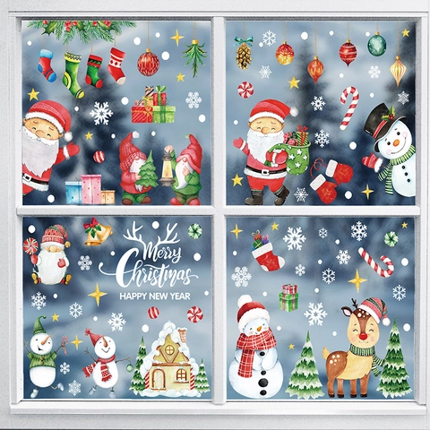 Christmas Window Clings Static PVC Stickers Double Sided Santa Reindeer Snowman Gnomes Holiday Decoration Waterproof