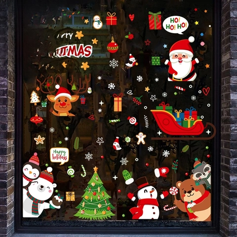 Santa Claus Snowman Reindeer Christmas Window Static Cling Stickers PVC Removable Holiday Festival Decoration For Glass Home