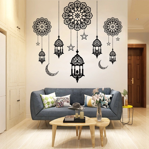Pegatinas De Pared De Ramadán Luna Estrella Linterna PVC Calcomanía Sala De Estar Islámica Eid Mubarak Decoración Hogar Silueta