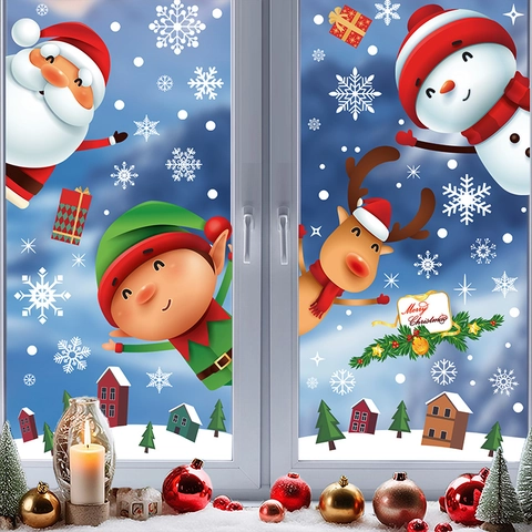 Pegatinas Ventana Navidad Doble Cara Estática Calcomanías Papá Noel Muñeco De Nieve Reno Elfo Copos De Nieve Impermeable PVC