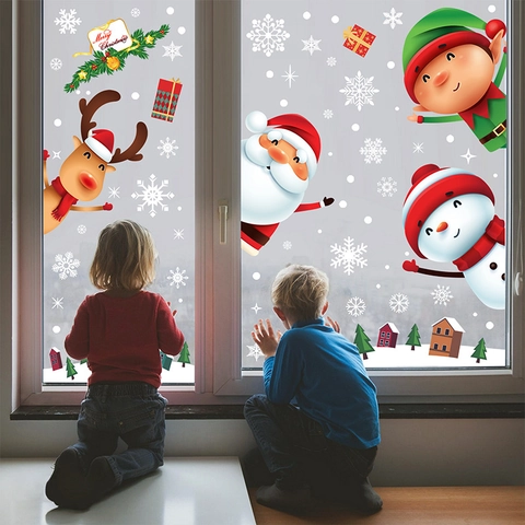 Christmas Window Clings Static PVC Double Sided Santa Claus Elk Snowman Snowflakes Glass Decoration Cartoon Festive Ornament