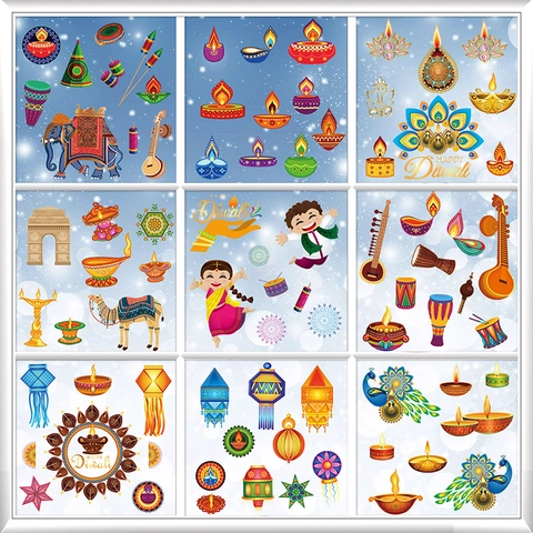 Adesivi Finestra Happy Diwali PVC Statici Doppia Faccia Diya Elefante Pavone Mandala Decorazione Vetro