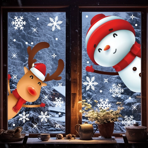 Christmas Window Clings Static Stickers Double Sided PVC Snowman Reindeer Snowflake Decals For Glass Party Home Decor
