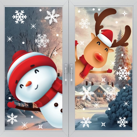Christmas Window Clings Static Stickers Double Sided PVC Snowman Reindeer Snowflake Decals For Glass Party Home Decor