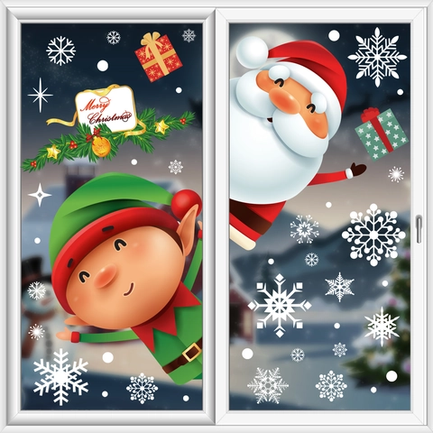Christmas Window Clings Static Cling Decals Santa Claus Snowflake Elf PVC Double Sided Glass Stickers Holiday Decoration