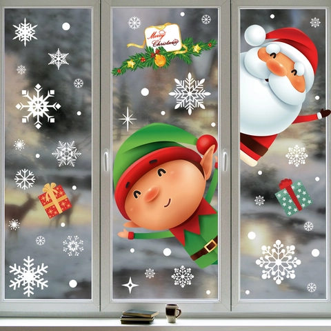 Christmas Window Clings Static Cling Decals Santa Claus Snowflake Elf PVC Double Sided Glass Stickers Holiday Decoration