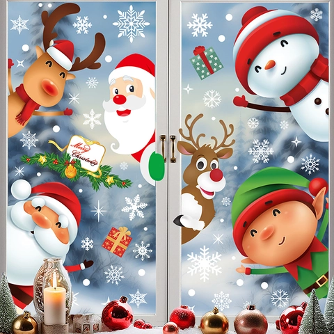 Christmas Window Clings Set Santa Claus Reindeer Snowman Snowflakes PVC Static Cling Decals For Glass Door Double Sided Winter Holiday Decorations