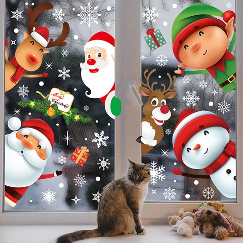 Christmas Window Clings Set Santa Claus Reindeer Snowman Snowflakes PVC Static Cling Decals For Glass Door Double Sided Winter Holiday Decorations