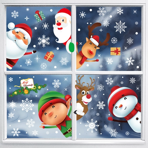 Weihnachten Fensterbilder Doppelseitig Statisch PVC Aufkleber Weihnachtsmann Rentier Schneemann Feiertag Glas Deko