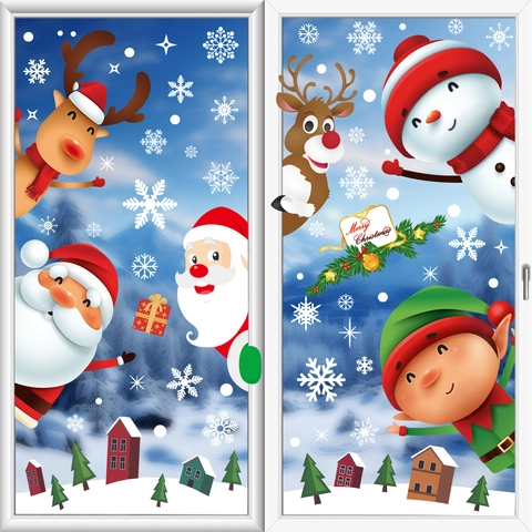 Christmas Window Clings Santa Claus Reindeer Snowman Static PVC Decals Festive Snowflake Winter Decor For Home Glass Shop