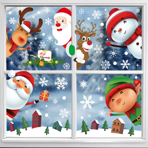 Christmas Window Clings Santa Claus Reindeer Snowman Static PVC Decals Festive Snowflake Winter Decor For Home Glass Shop