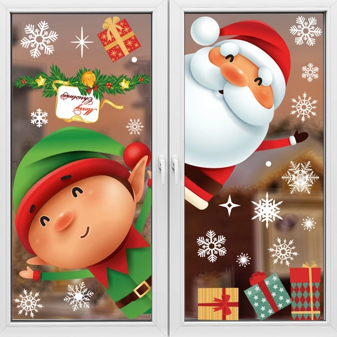 Weihnachts Fensteraufkleber Statisch Haftend PVC Weihnachtsmann Elf Schneeflocken Deko Aufkleber Glas Feiertag Party Dekoration