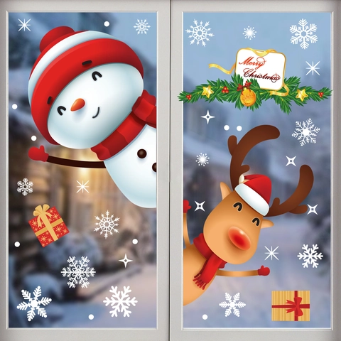 Christmas Window Clings Static Stickers Snowman Reindeer Snowflake Double Sided PVC Festive Holiday Glass Decor Novelty