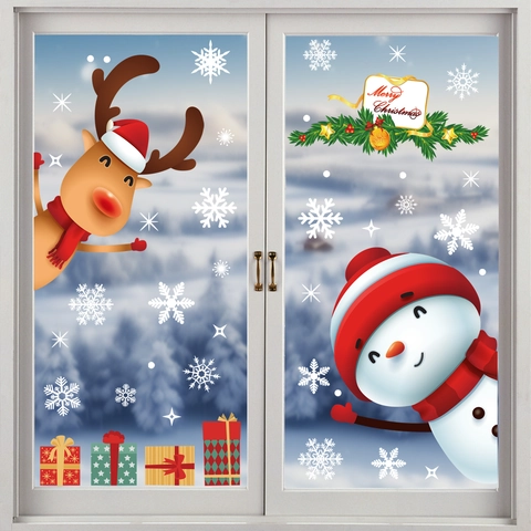 Christmas Window Clings Static Stickers Snowman Reindeer Snowflake Double Sided PVC Festive Holiday Glass Decor Novelty