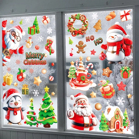 Christmas Window Clings PVC Static Stickers Santa Claus Reindeer Snowman Decals For Glass Door Holiday Home Decoration