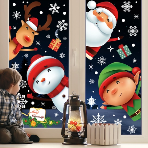 Christmas Window Clings Static PVC Stickers Santa Reindeer Snowman Snowflake Decals For Glass Holiday Home Decoration