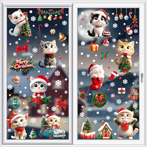 Christmas Window Clings Static Stickers Double Sided PVC Cartoon Cats Holiday Home Decoration Glass Decals