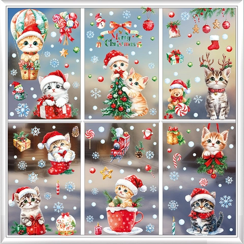 Christmas Cat Window Clings Static Stickers PVC Holiday Glass Decoration Cute Cartoon Animals Double Sided