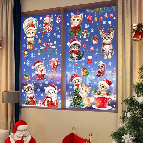 Christmas Cat Window Clings Static Stickers PVC Holiday Glass Decoration Cute Cartoon Animals Double Sided
