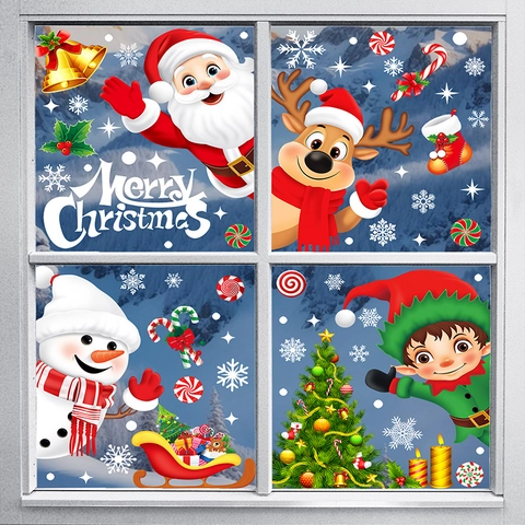 Weihnachtsfensterbilder Statische PVC Aufkleber Doppelseitig Weihnachtsmann Rentier Schneemann Schneeflocken Glasdekor