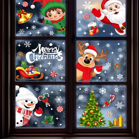 Weihnachtsfensterbilder Statische PVC Aufkleber Doppelseitig Weihnachtsmann Rentier Schneemann Schneeflocken Glasdekor
