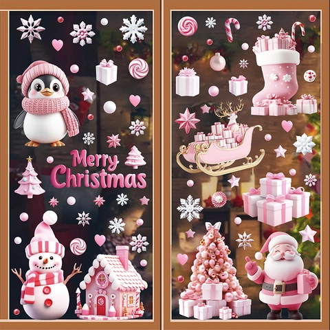 Pegatinas Navidad Rosa Ventana Estáticas Doble Cara Papá Noel Pingüino Muñeco De Nieve Casa De Jengibre Decoración PVC
