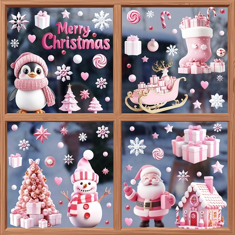 Pegatinas Navidad Rosa Ventana Estáticas Doble Cara Papá Noel Pingüino Muñeco De Nieve Casa De Jengibre Decoración PVC