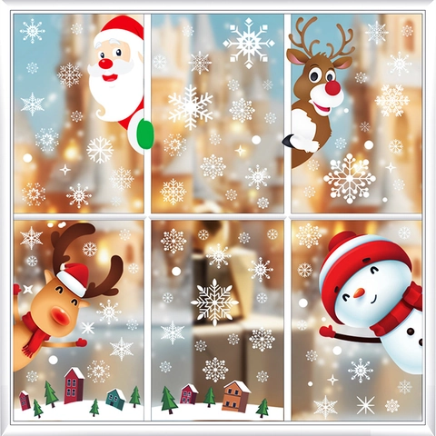 Pegatinas Navidad Ventana Doble Cara Estática PVC Calcomanías Dibujos Animados Reno Muñeco De Nieve Santa